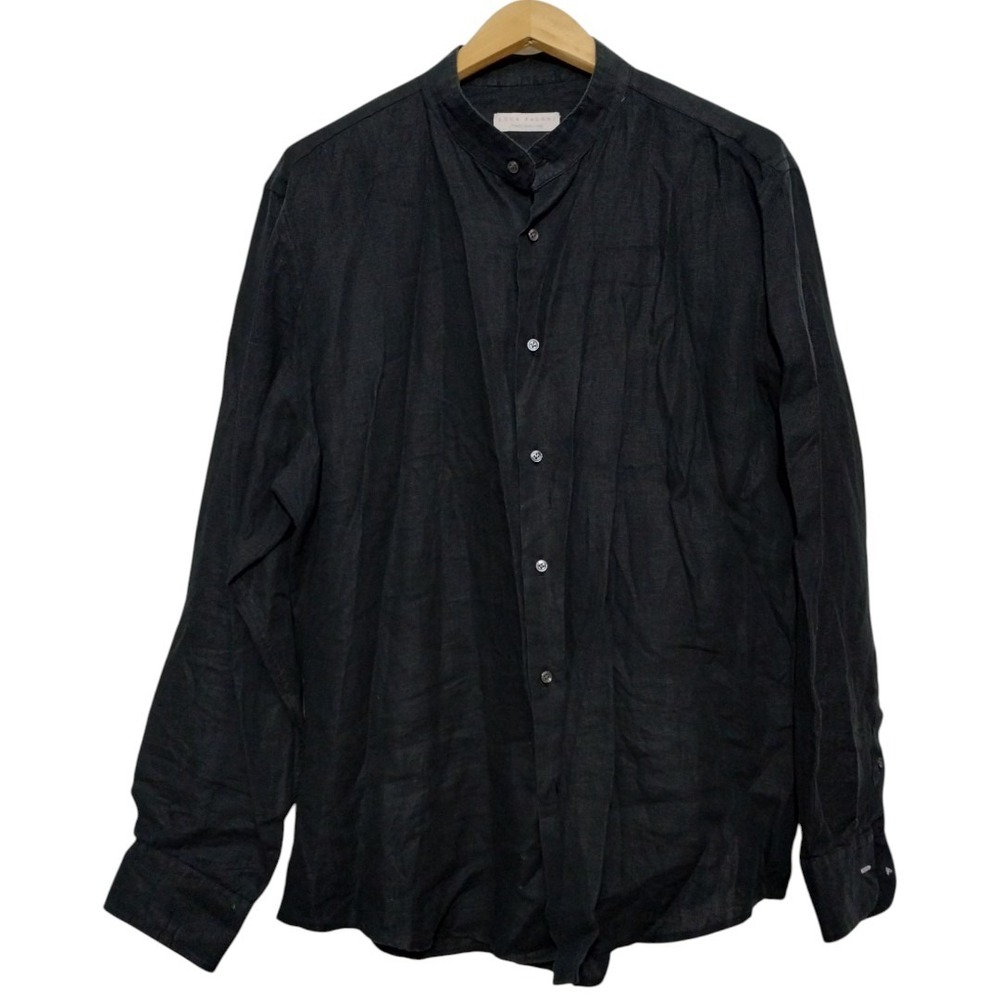 Luca Faloni Men's Size 45/18 Black Collarless‎ Long Sleeve Linen Shirt Preppy